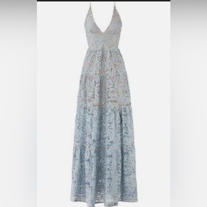 Dress the Population long blue lace dress with gold detailing.